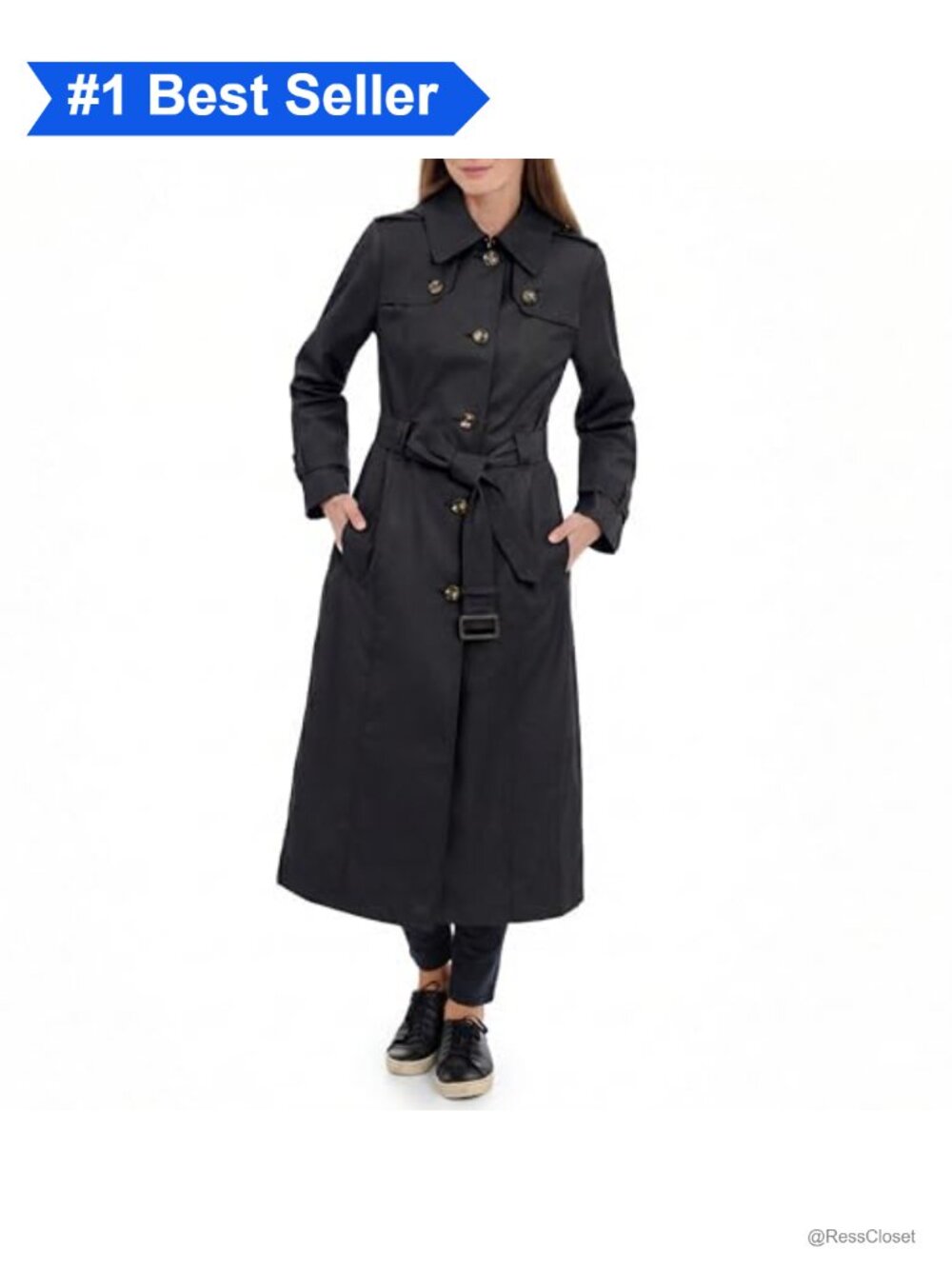Womens Single Breasted Long Trench Coat with Epaulettes and Belt